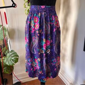 Vtg 70s/80s Greenbriar Floral Paisley Midi Skirt - Blue/Purple - Size Medium